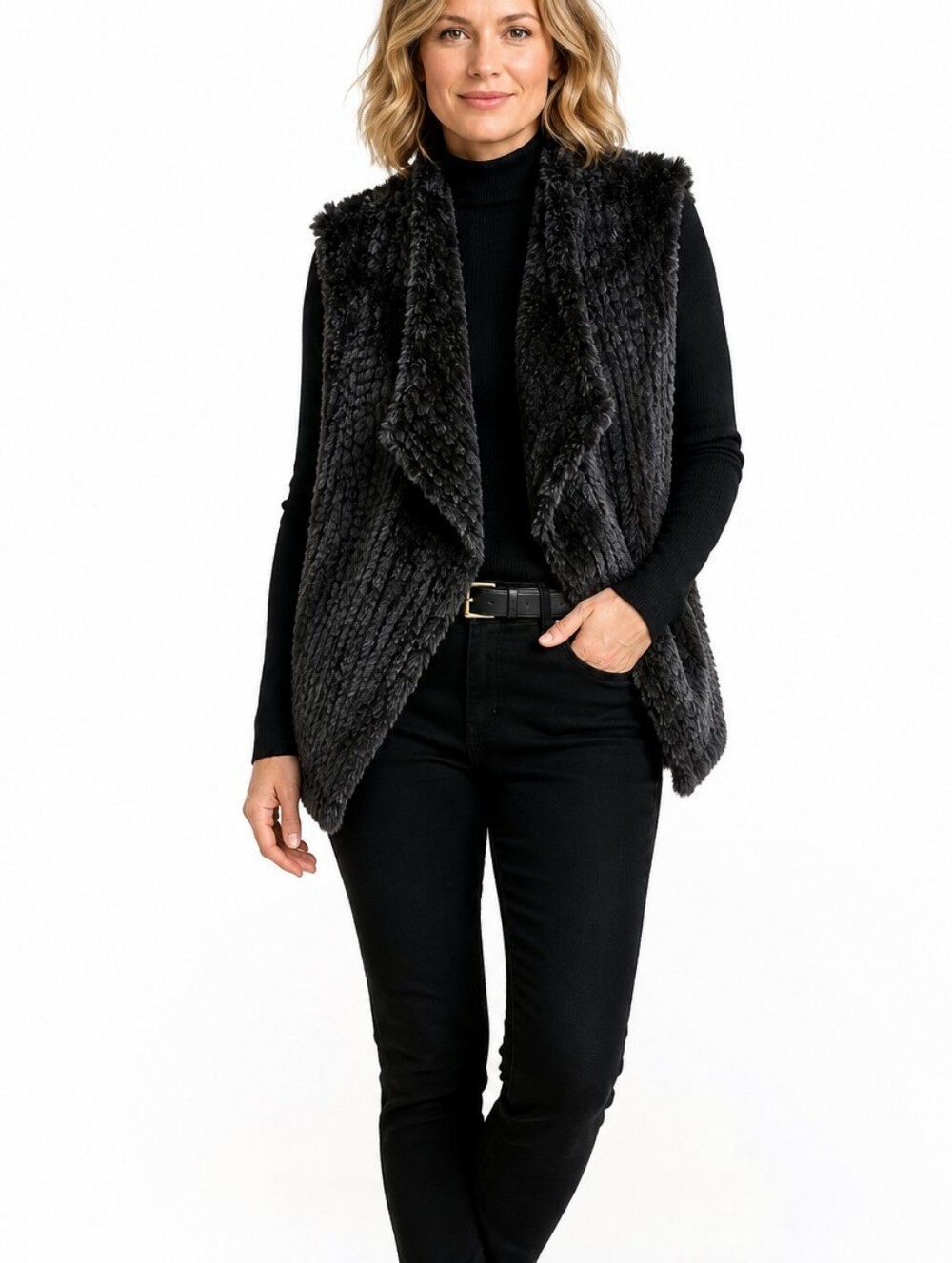 Dolce Cabo Faux Fur Vest Classic Black Textured Fall Winter
